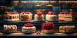 Closeup of cake in refrigerated storage and display unit in a Indian Bakery
