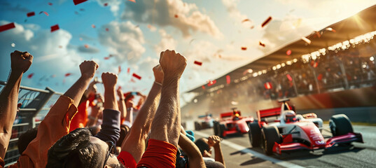 Sports fans lift the spirits. Formula 1 racing cars during competition