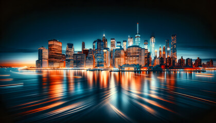 Wall Mural - New York skyline at dusk through a breathtaking long exposure shot, showcasing the city's iconic skyscrapers illuminated against a deep blue sky
