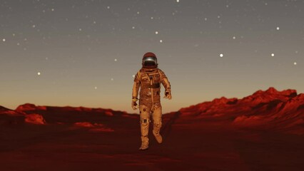 Wall Mural - astronaut walking on the planet of mars in the sunset