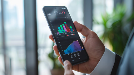 A close-up of a businessman's hand holding a modern smartphone with a business app on the screen.