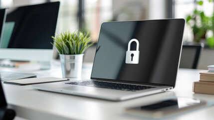 The concept of protecting your computer from viruses and hackers. Lock on the laptop.