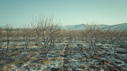 Wall Mural - Fruit trees devoid of blossoms and fruit, portraying the loss of livelihood due to agricultural drought