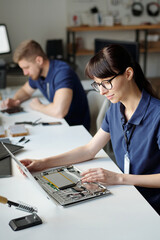 Poster - Young brunette technical service engineer checking details of disassembled laptop while sitting by desk against male colleague