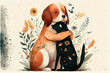 The dog hugs the cat. Sweet postcard. AI render.