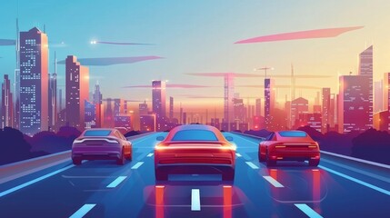 Wall Mural - The concept of autonomous self-driving cars depicted through vehicles navigating city roads, with artificial intelligence seamlessly controlling traffic flow