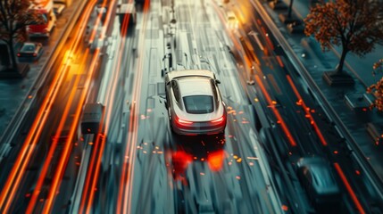Wall Mural - A future concept visualized through a scene where an autonomous smart car navigates through traffic, scanning the road and maintaining distance from other vehicles