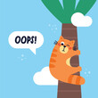 The surprised funny red cat climbed a tree and is afraid to climb back down. Summer vacation time. Vector Hand drawn cartoon flat illustration.