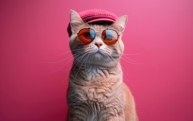 American Shorthair cat with sunglasses and cap on a professional background