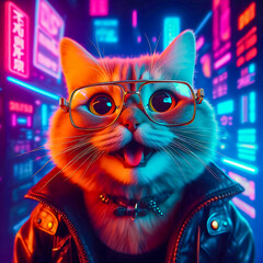 Close up of Futuristic cute cat wearing glasses in the middle of a city street with cyberpunk style.