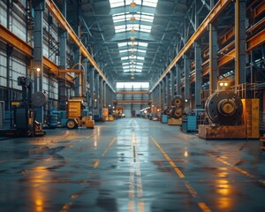 An industrial warehouse with machinery and workers