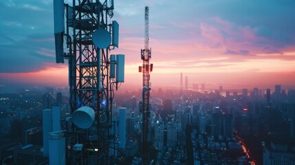 Wall Mural - 5G Network Tower Illuminating a Bustling Cityscape at Twilight, Symbolizing Connectivity