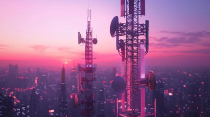 Wall Mural - 5G Network Tower Illuminating a Bustling Cityscape at Twilight, Symbolizing Connectivity