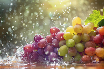 A colorful backdrop has grape chunks floating in the air. water drops splash. AI Generated