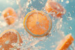 A colorful backdrop has orange fruit pieces floating in the air. water droplets splash. AI Generated
