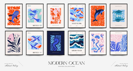 Underwater world, ocean, sea, fish and shells vertical flyer or poster template. Modern trendy Matisse minimal style.