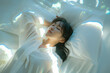 Smiling Asian woman sleep peacefully rests on bed, sleeping in her bedroom, embodying the beauty of relaxation at night, showcasing the joy of a tranquil moment, soft, banner