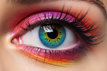 close-up of an eye with an iridescent pupil.