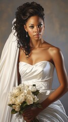 Wall Mural - Beautiful young African American bride in a white wedding dress and veil