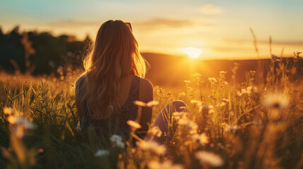 Wall Mural - Woman Enjoying the Warmth of a Sunset in a Wildflower Meadow