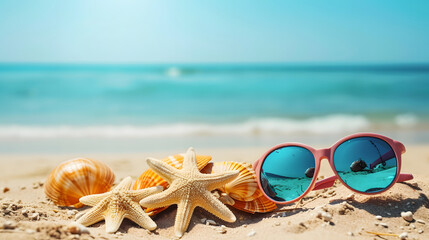 Wall Mural - Summer Beach Vacation Concept with Starfish and Sunglasses on Sand