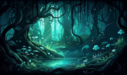 Canvas Print - mystical forest with bioluminescent plants vector isolated illustration