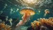 Jellyfish in the blue water. Underwater life background.. Jellyfish wallpaper.	