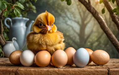 Poster - Group of eggs with yellow chicken sitting on top of them.