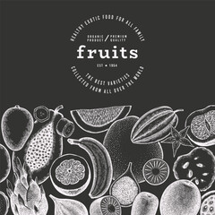 Wall Mural - Tropical Fruit Design Template. Vector Hand Drawn Exotic Fruit Chalk Board llustration. Vintage Style Menu Illustration.