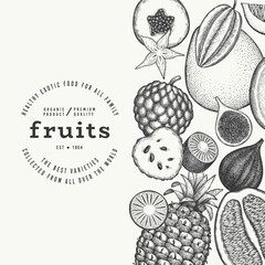 Wall Mural - Tropical Fruit Design Template. Vector Hand Drawn Exotic Fruit Banner. Vintage Style Menu Illustration.
