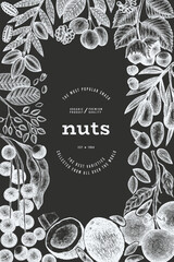 Wall Mural - Hand Drawn Nuts Branch And Kernels  Template. Organic Seed Vector Design. Retro Chalk Board Nut Illustration.