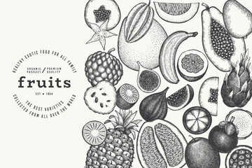 Wall Mural - Tropical Fruit Design Template. Vector Hand Drawn Exotic Fruit Banner. Vintage Style Menu Illustration.