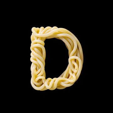 Alphabet D made from spaghetti on black background, Generative AI