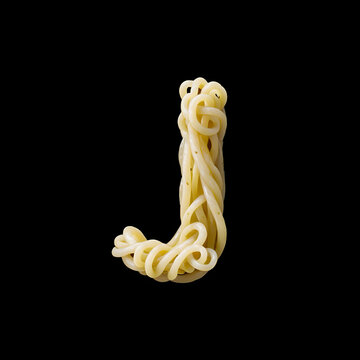 Alphabet F made from spaghetti on black background, Generative AI