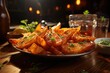 Deliciously crispy araffy chips in a basket with accompanying spicy ketchup ia gen, generative IA