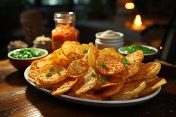 Deliciously crispy araffy chips in a basket with accompanying spicy ketchup ia gen, generative IA