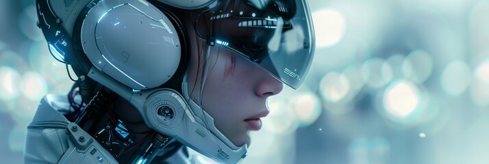 Wall Mural - Close-up of futuristic robot technology - An image showing the head and shoulder part of a sophisticated robot, detailed with advanced cybernetic components