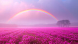 Fototapeta Natura - Rainbow Over Vibrant Pink Flower Field