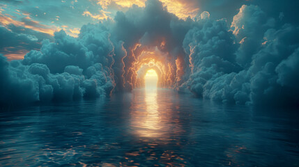 mysterious arch of clouds over water, portal to heaven or afterlife