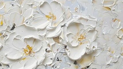 Poster - Blooming white flowers painted in thick impasto style layers of paint with visible palette knife marks and broad brush strokes, minimalist abstract spring splendor