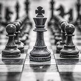 Fototapeta Natura - A striking black and white photograph focusing on chess pieces with the king in the foreground on a wooden board