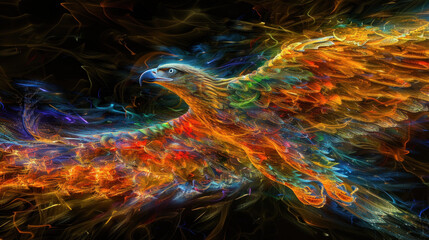 Wall Mural - Magical eagle in flight, black background