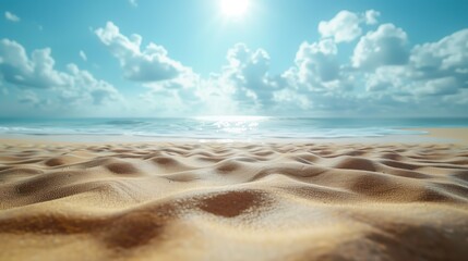 Wall Mural - golden beach sands leading to sparkling ocean under bright sun and fluffy clouds