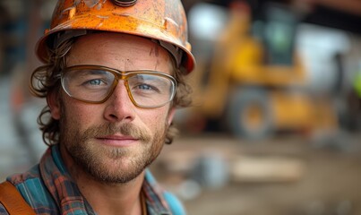 Canvas Print - construction worker wearing a lumberjack shirt and safety helmet on a construction site in the background out of focus 