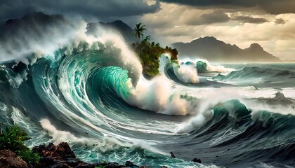 Wall Mural - Generated image of tsunami in the ocean