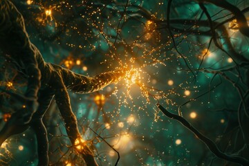 Poster - a neuron network under a microscope highlighting synaptic connections for neurological studies