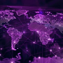 Poster - Purple hued digital world map global and interconnected