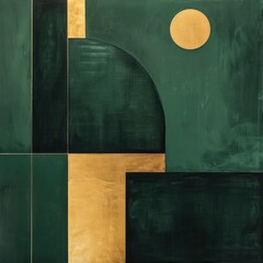 Poster - Minimalist geometric shapes emerald green background sharp contrasts with gold accents