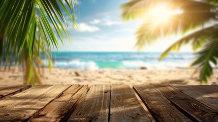 Wall Mural - Inviting tropical beach view through palm leaves from the perspective of a rustic wooden boardwalk under the sunlight.