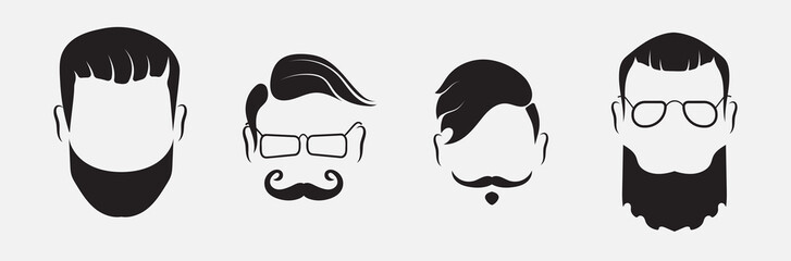 Set of bearded men silhouette faces hipster style with different haircuts. Long beard with facial hair man. Handsome man symbolizes the icons. Vector illustration